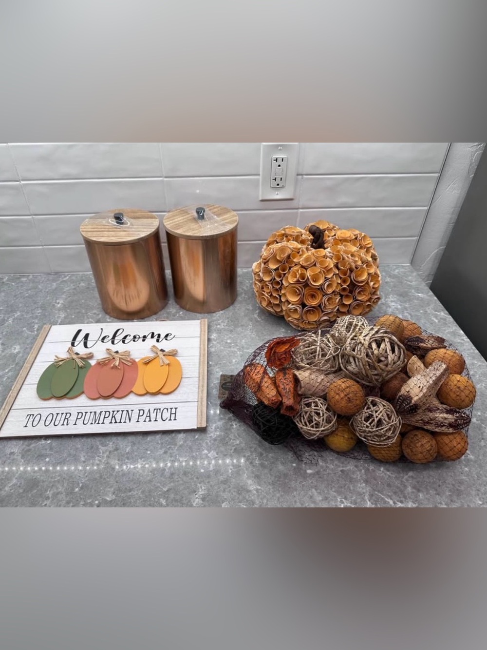 Fall Decor Bundle - Copper Canisters, Pumpkin Sign, and Potpourri